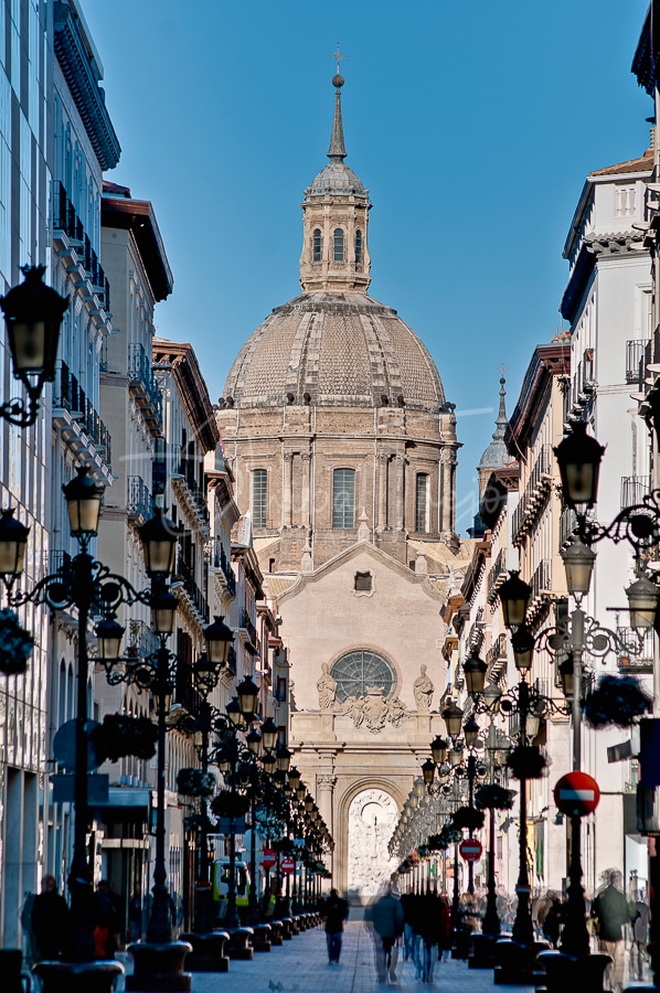 Our Lady of the Pillar Cathedral as seen from Alfonso I street at Zaragoza, Spain