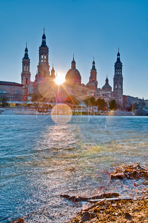 Our Lady of the Pillar Basilica as seen from the north shore of Ebro River at Zaragoza, Spain