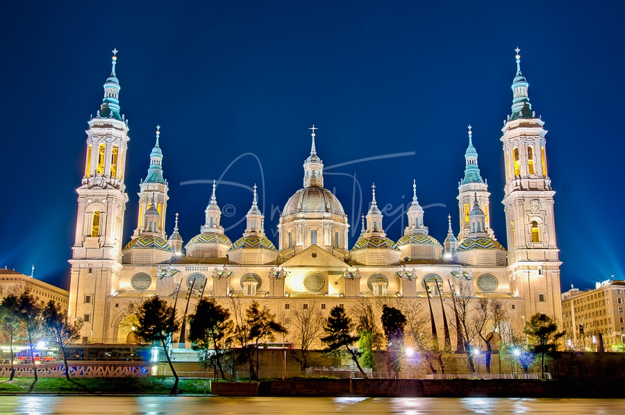 Our Lady of the Pillar Basilica as seen from the north shore of Ebro River at Zaragoza, Spain