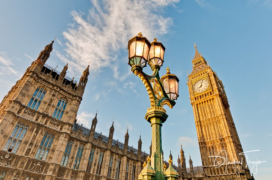 Big Ben tower clock on Houses of Parliament building at London, England