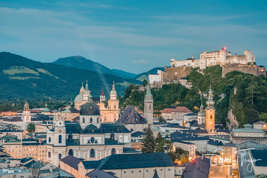 Salzburg general view as seen from Mönchsberg viewpoint right after sunset, Austria
