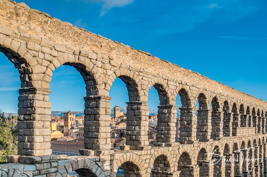 Ancient roman aqueduct of Segovia at Castile and León, Spain