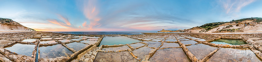 Salt evaporation ponds, also called salterns or salt pans located near Qbajjar on the maltese Island of Gozo.