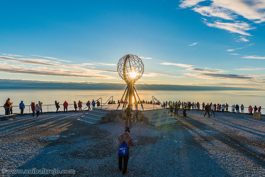 Midnight sun at North Cape (Nordkapp), on the northern coast of the island of Magerøya in Finnmark, Northern Norway.